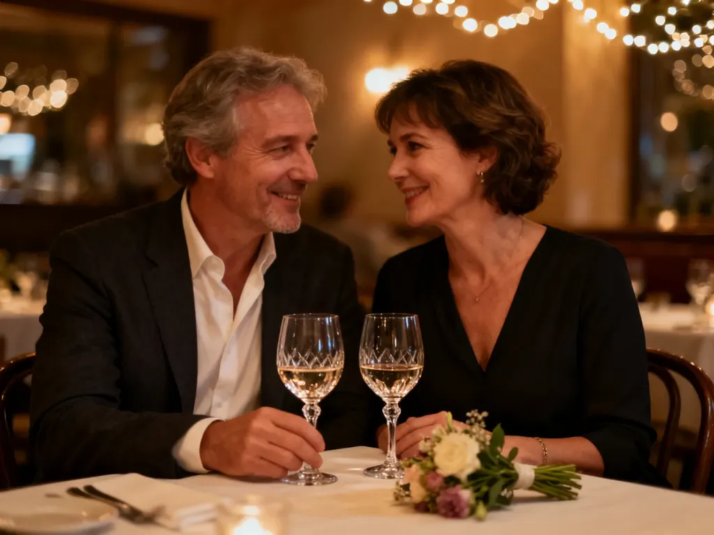 Elegancka para w średnim wieku świętująca 38. rocznicę ślubu przy romantycznej kolacji w restauracji.