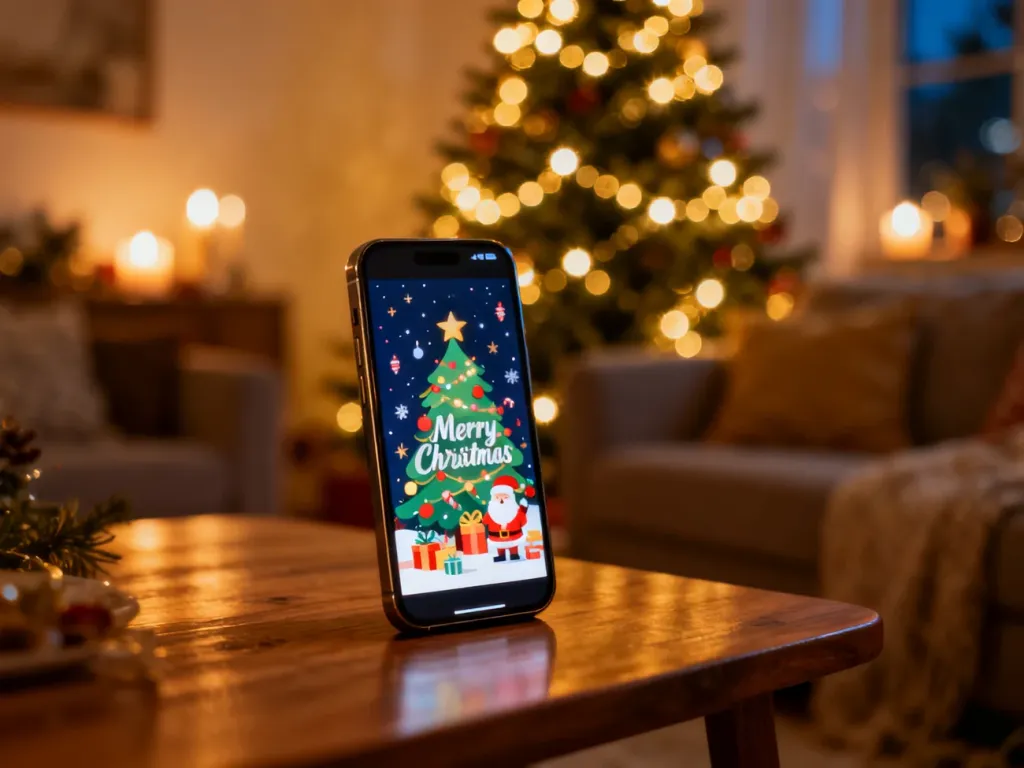 Nowoczesny smartfon z wyświetloną świąteczną grafiką na tle przytulnego salonu z choinką i nastrojowymi światłami.